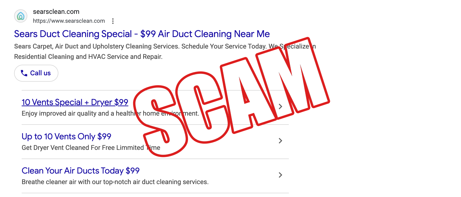 $99 air duct cleaning scam Florida — bait-and-switch evidence with SCAM stamp