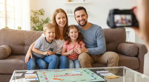Smiling Miami family relaxing in the living room after a professional AC tune-up — cool comfortable air