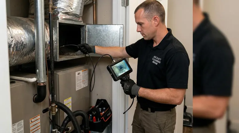 Air Duct Cleaning Miami technician using duct camera to inspect AC system for mold