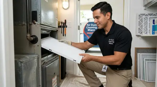 AC cleaning technician replacing air filter at air handler during professional service in Miami