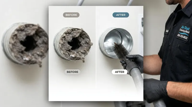 Dryer vent cleaning before and after — clogged lint vs clean vent by Air Duct Cleaning Miami