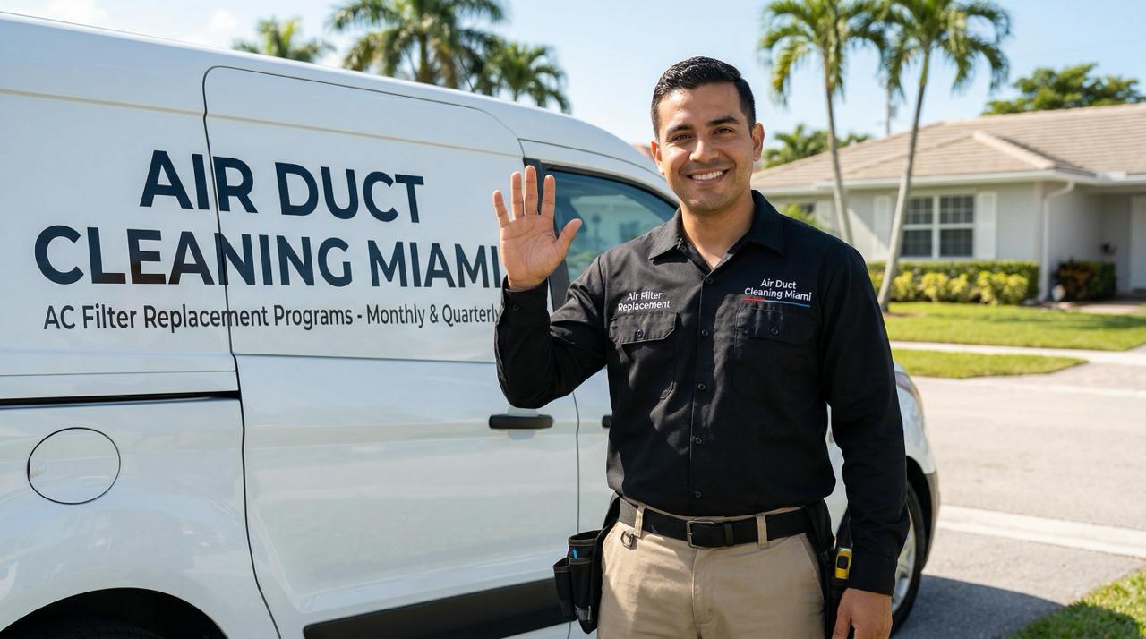 Miami homeowner with Air Duct Cleaning Miami technician after AC coil inspection