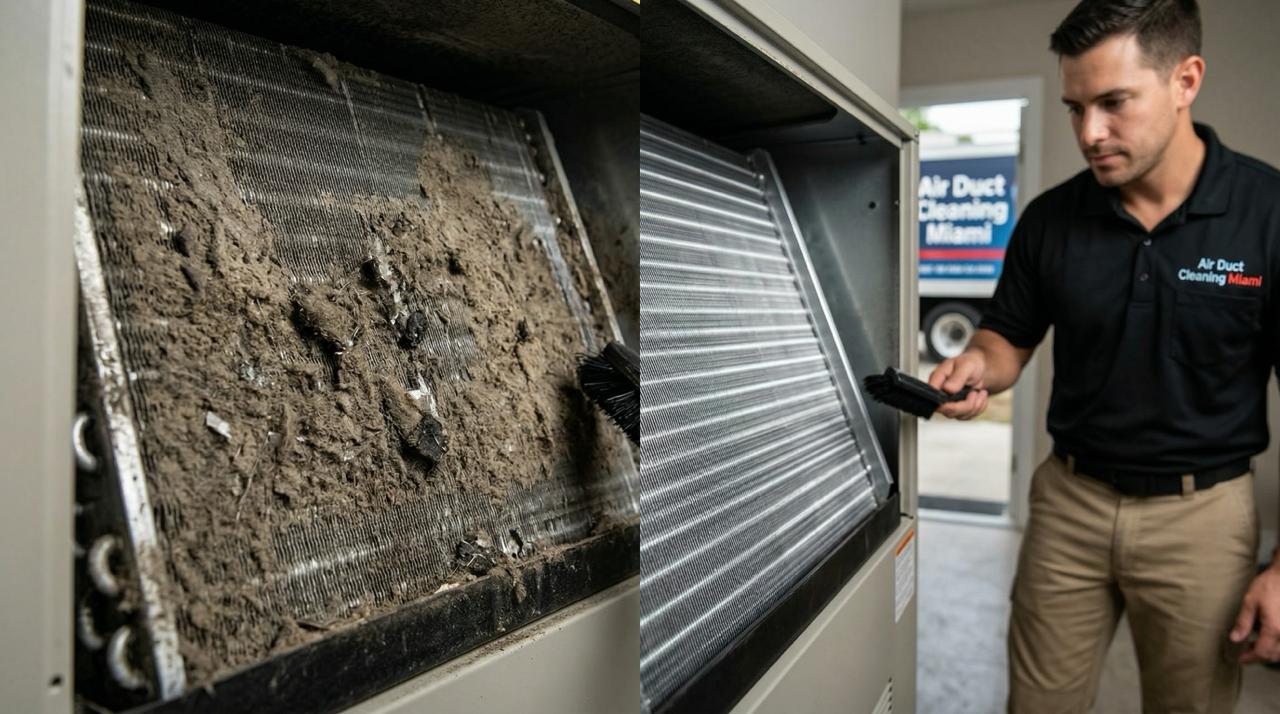 Before and after AC coil cleaning Miami — dirty evaporator coil vs clean coil