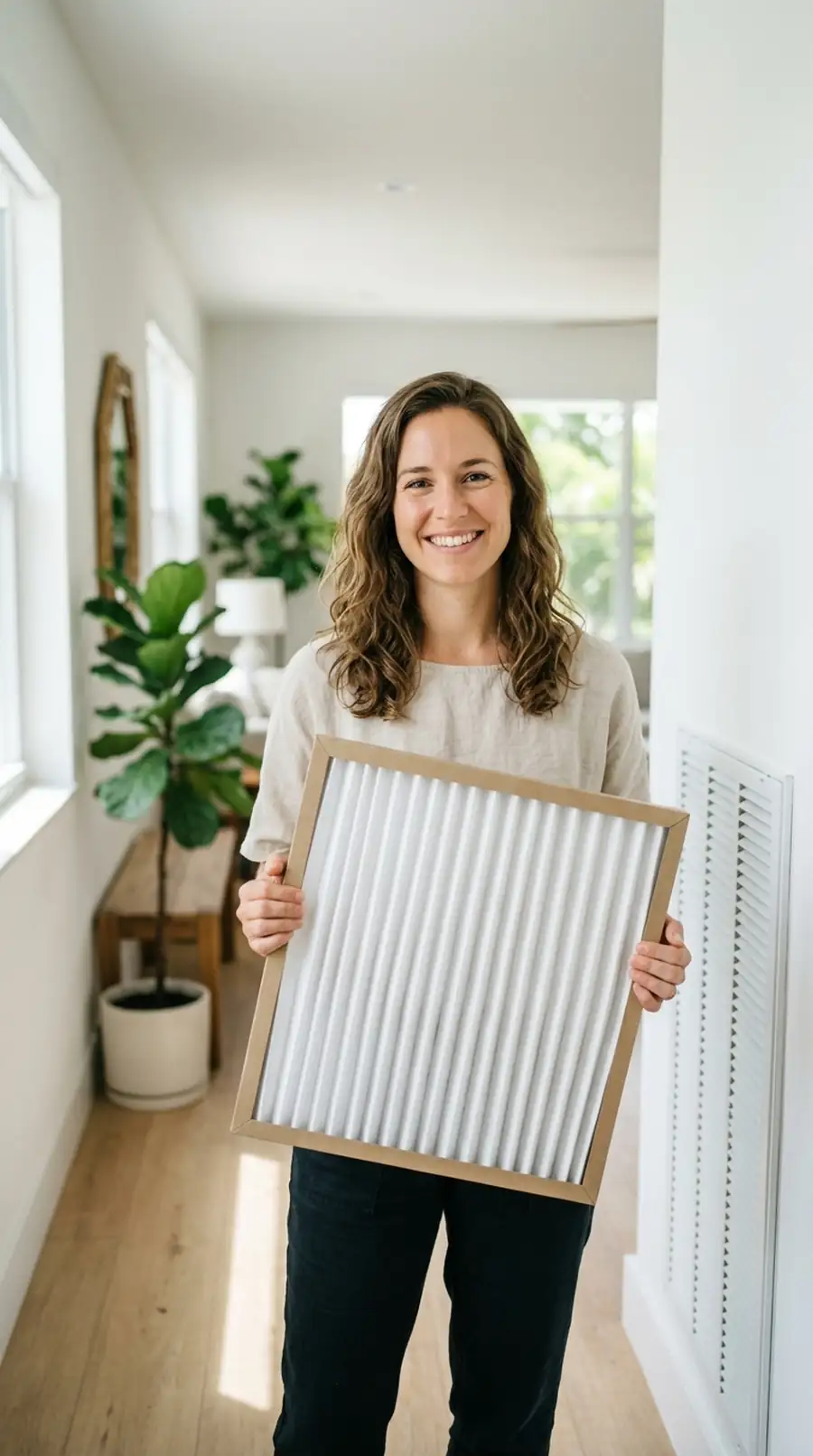 Happy customer holding a new AC air filter delivered and installed by Air Duct Cleaning Miami
