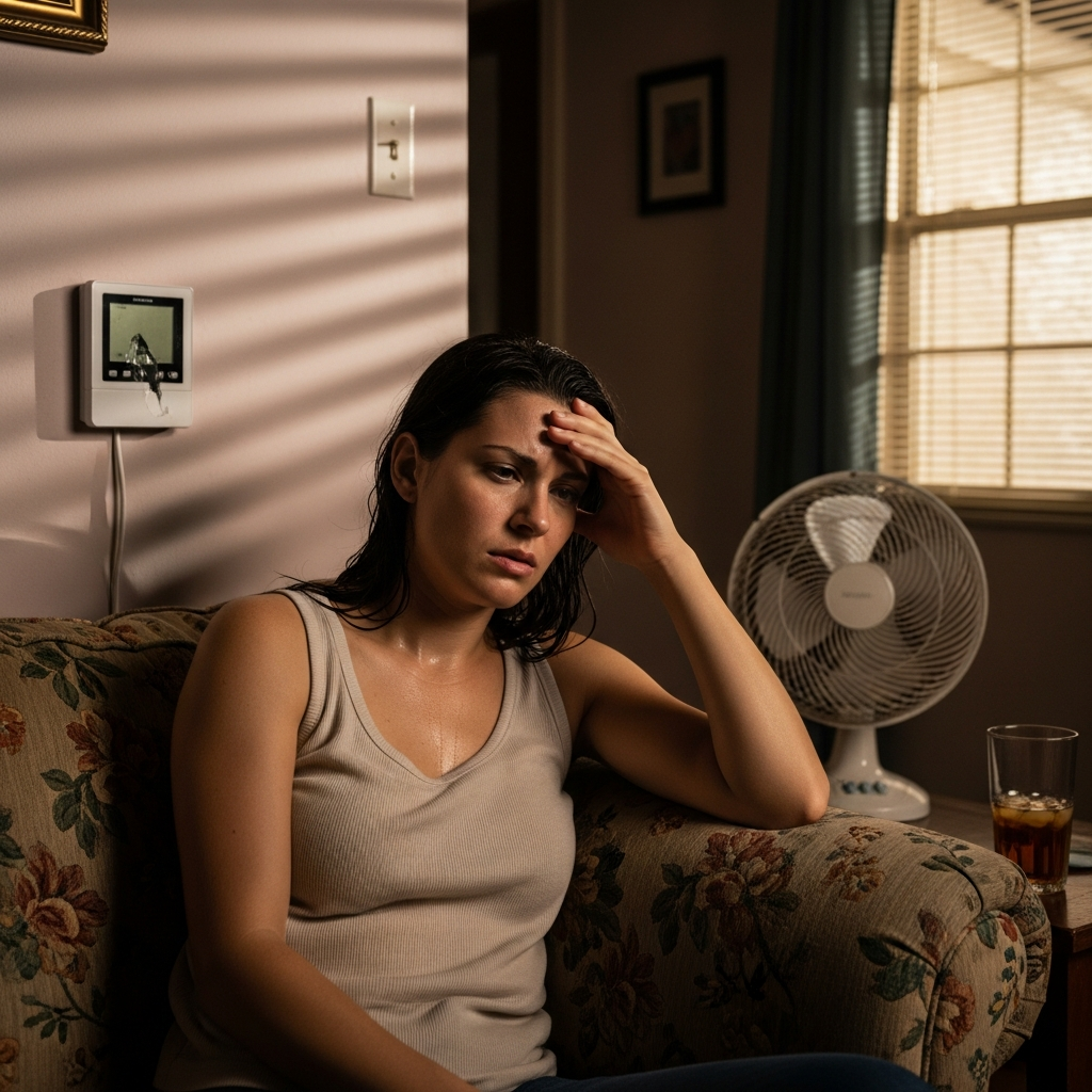 Frustrated homeowner looking at a thermostat that is not working in a hot Miami home