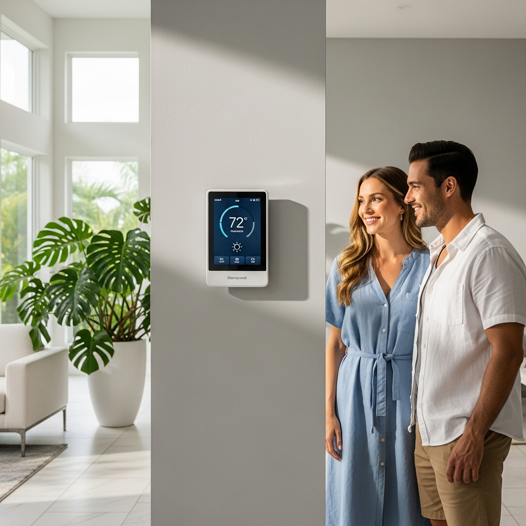 Couple with Honeywell thermostat in Miami home