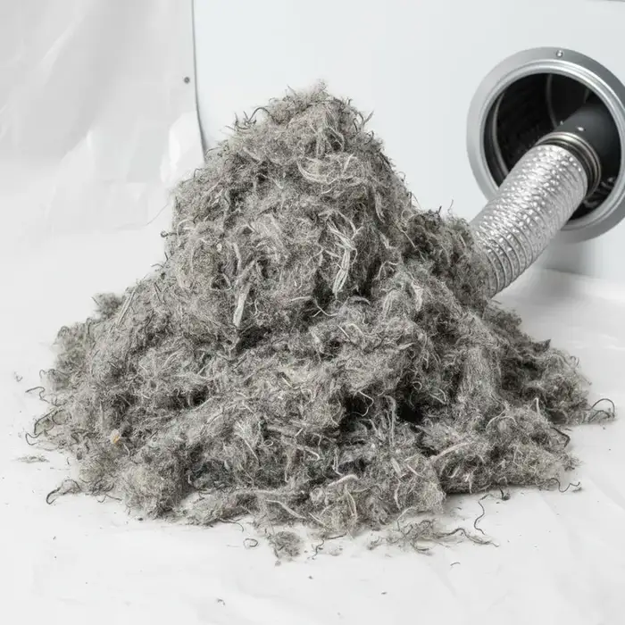 Large pile of lint removed from dryer vent during professional cleaning