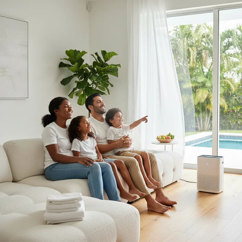 Happy family breathing clean air in their Hollywood FL home after professional air duct cleaning