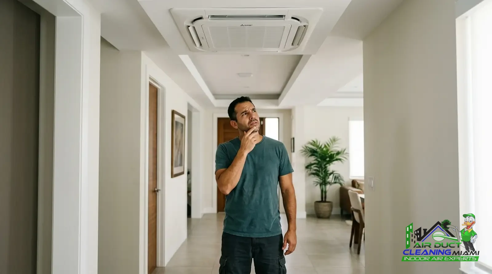 Concerned Miami homeowner looking at their AC unit, unsure who is licensed to work on it