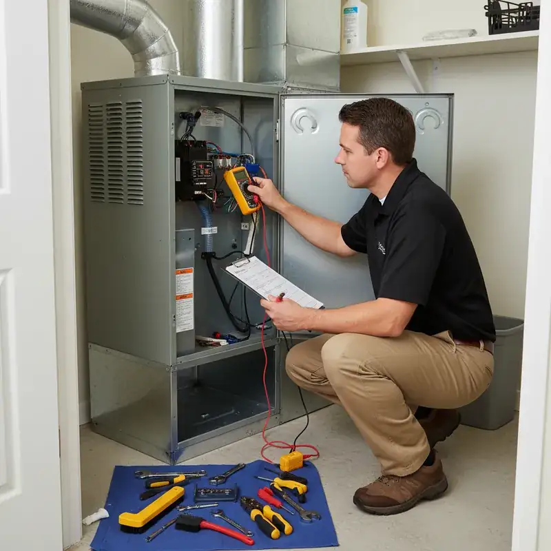 HVAC technician performing 31-point AC inspection with clipboard and multimeter