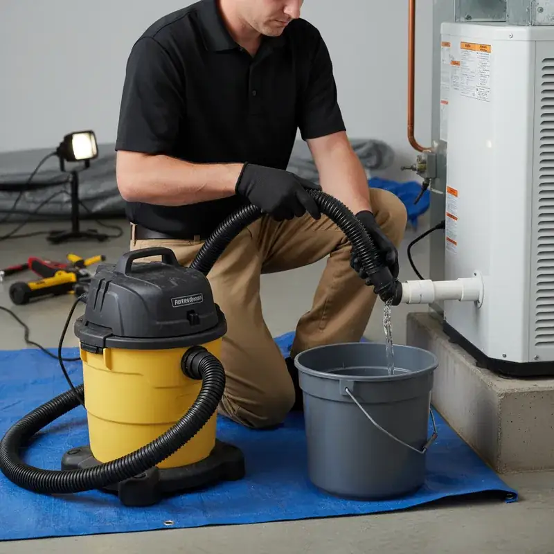 HVAC technician flushing AC drain line to prevent water leaks