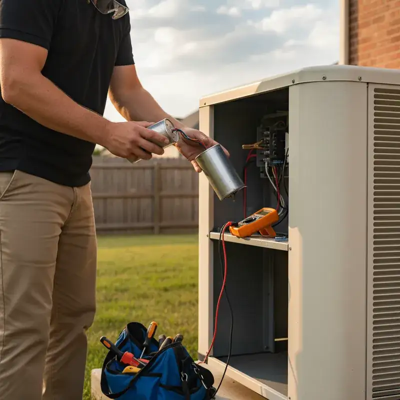 HVAC technician replacing AC capacitor during premium maintenance service