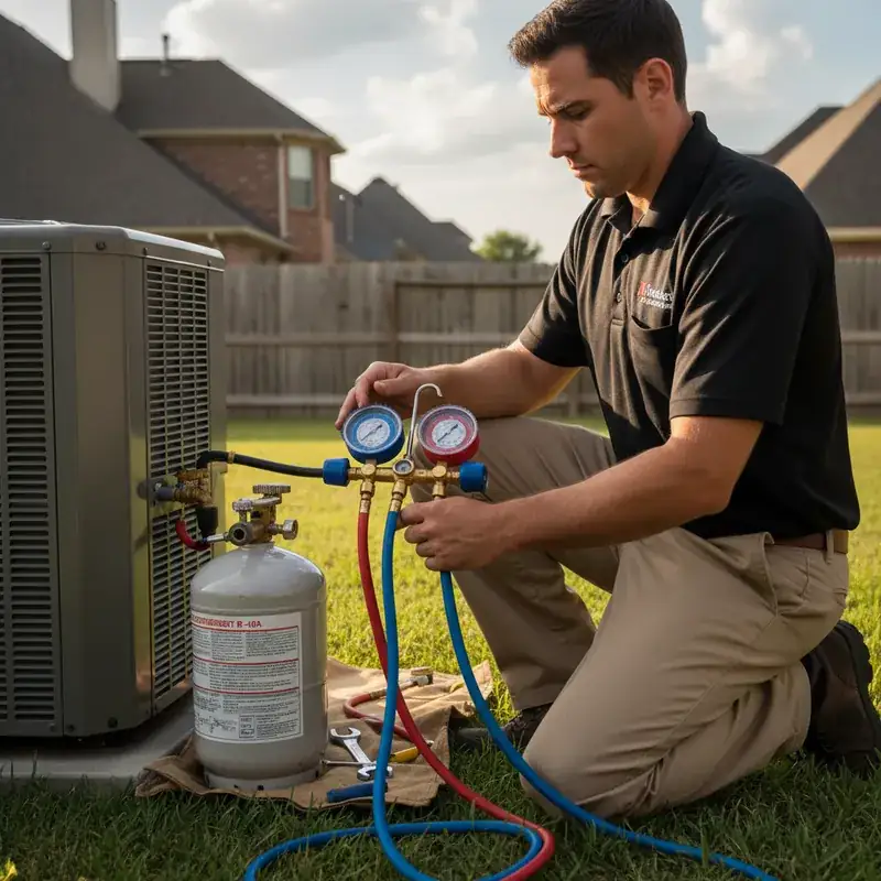 HVAC technician checking freon levels with refrigerant gauges on outdoor AC unit