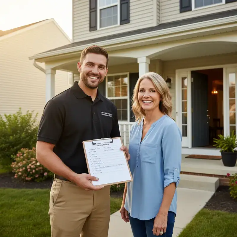 HVAC technician showing written AC service report to homeowner