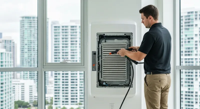 Mini split cleaning service miami — technician cleaning ductless AC in condo