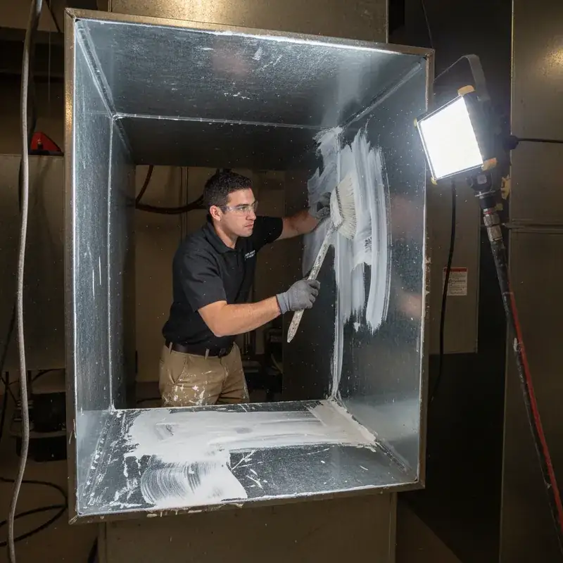 HVAC technician applying mold-resistant sealant inside air duct