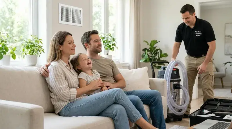 Happy family enjoying clean air after AC vent refurbishing in Hialeah FL