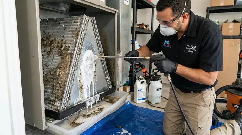 Technician performing AC duct cleaning inside a Miami home