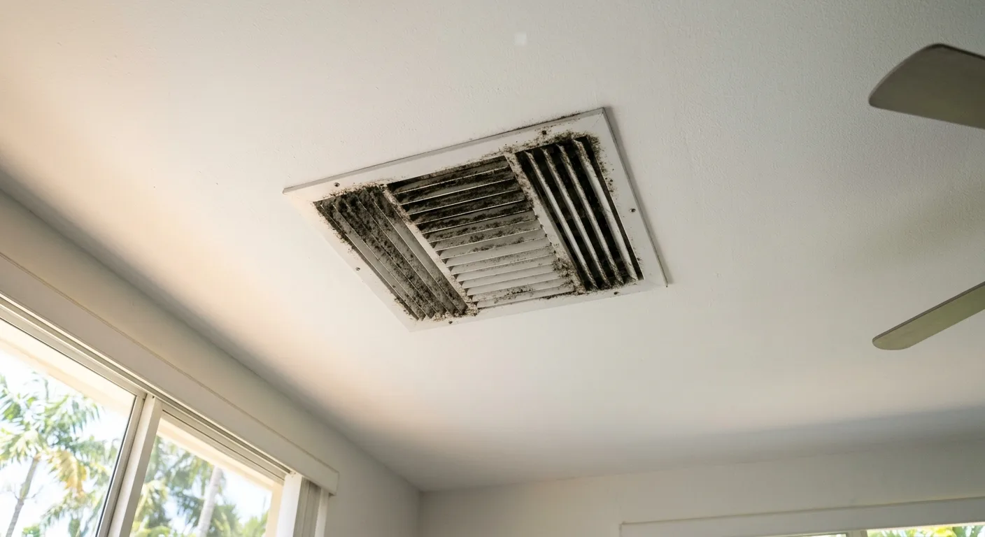 Dirty AC ceiling vent with black dust and mold buildup in a Miami home — needs professional cleaning