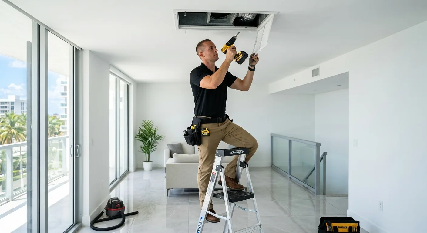 HVAC technician on step ladder removing ceiling AC vent cover with drill in a modern Miami condo